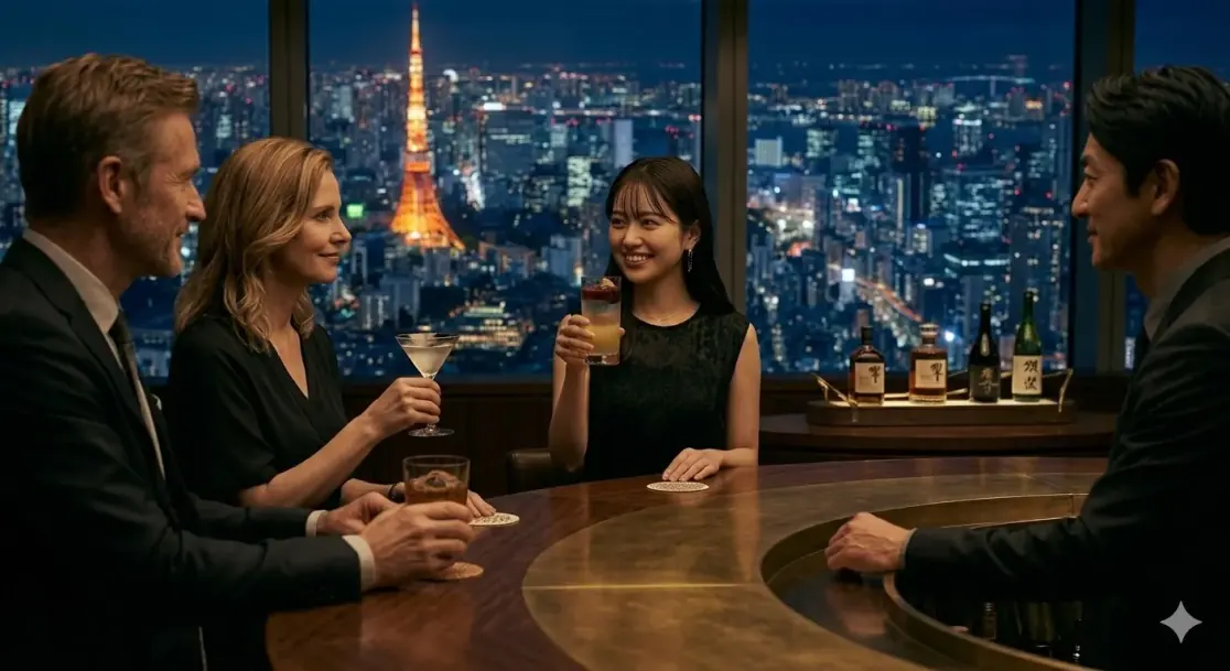 夜景の見えるバーでの二次会ギャラ飲みの様子