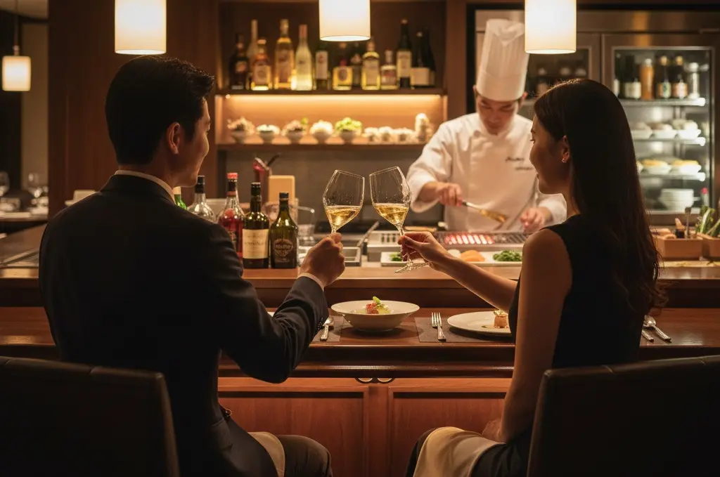 1対1のギャラ飲み「コパト」でカウンター席での食事を楽しむ様子